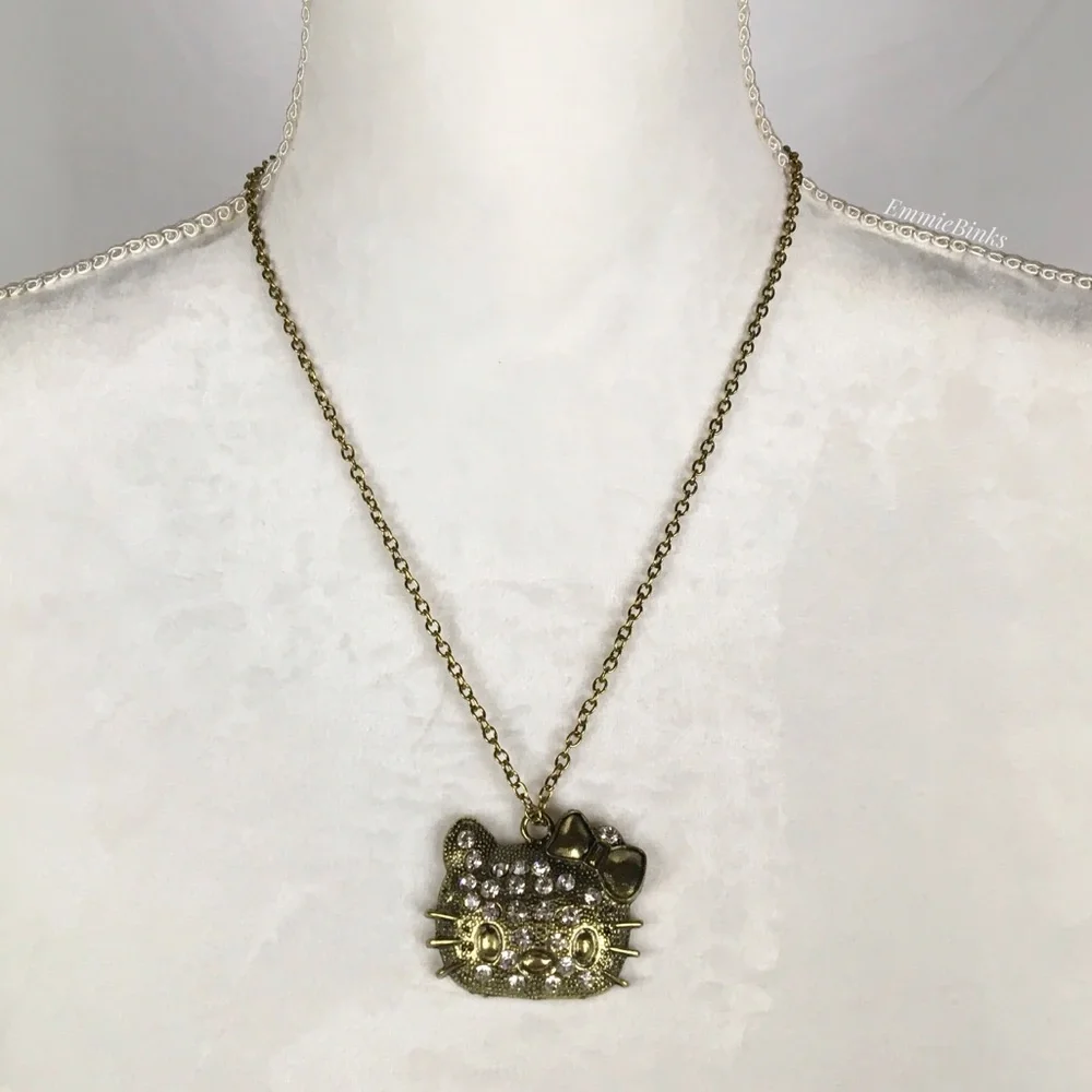 ✨3/$38 NWT Hello Kitty Bronze & Rhinestone Pendant Necklace ~ Bronze Cat Charm - Picture 6 of 11
